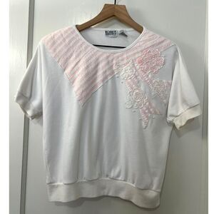 Vintage Koret Francisca Petites White Pink Floral Top w/ Shoulder Pads Women's S